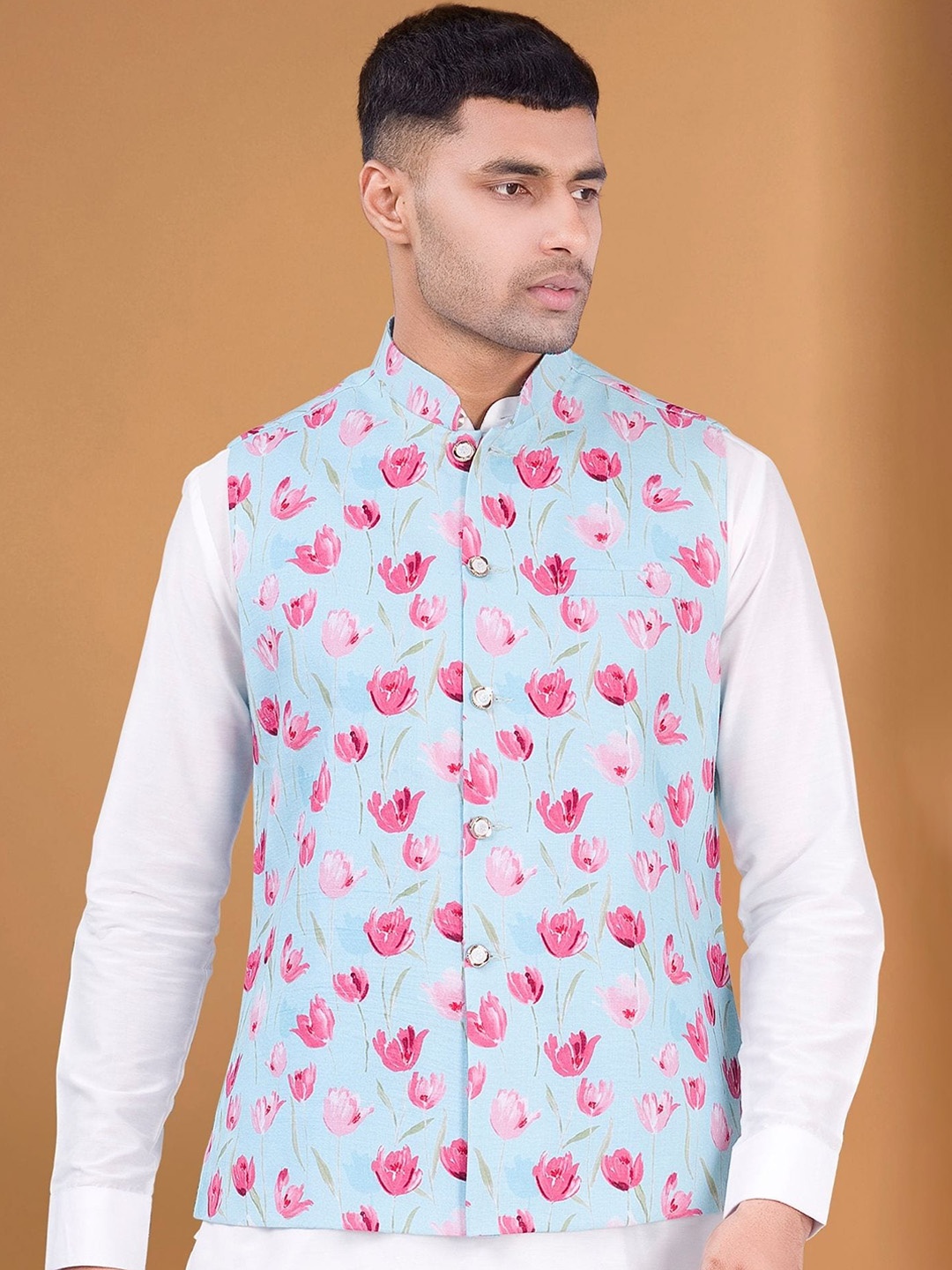 

SHIWAM ETHNIX Printed Pure Cotton Nehru Jacket, Blue