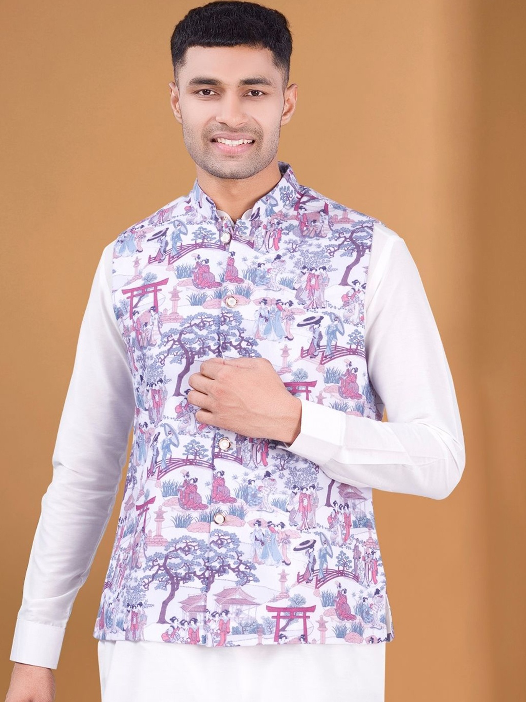 

SHIWAM ETHNIX Printed Pure Cotton Nehru Jacket, Purple