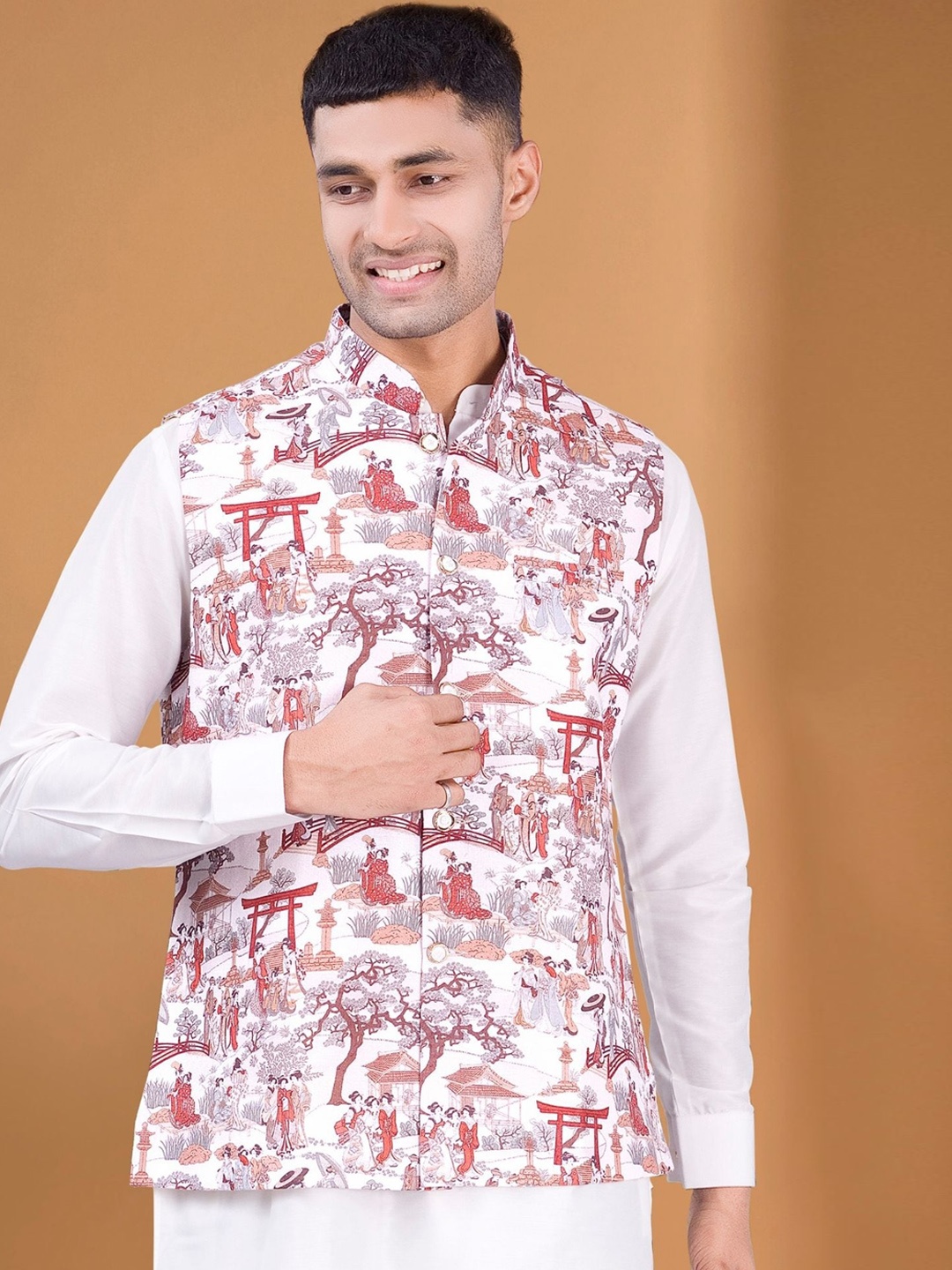 

SHIWAM ETHNIX Printed Pure Cotton Nehru Jacket, Brown