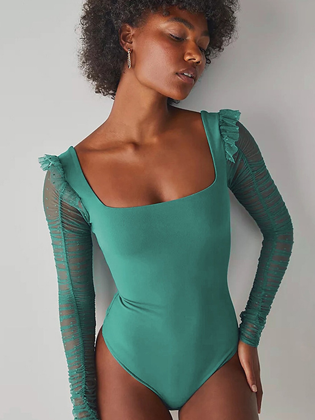 

LULU & SKY Square Neck Swimwear Bodysuit, Green