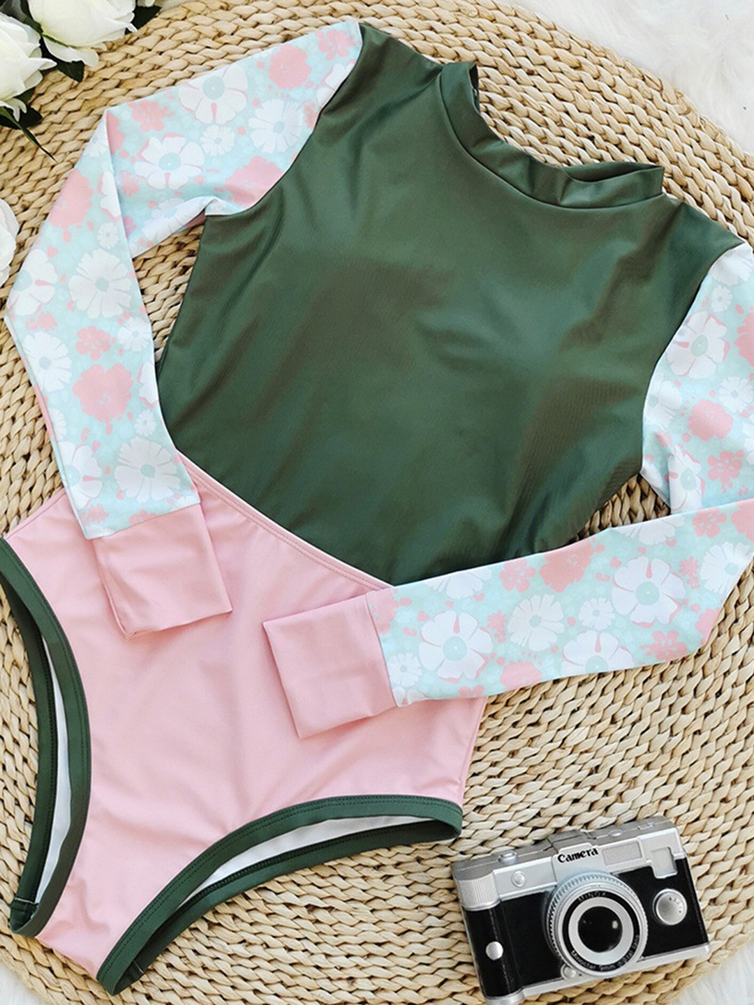 

LULU & SKY Colorblocked Round Neck Backless Bodysuit, Green