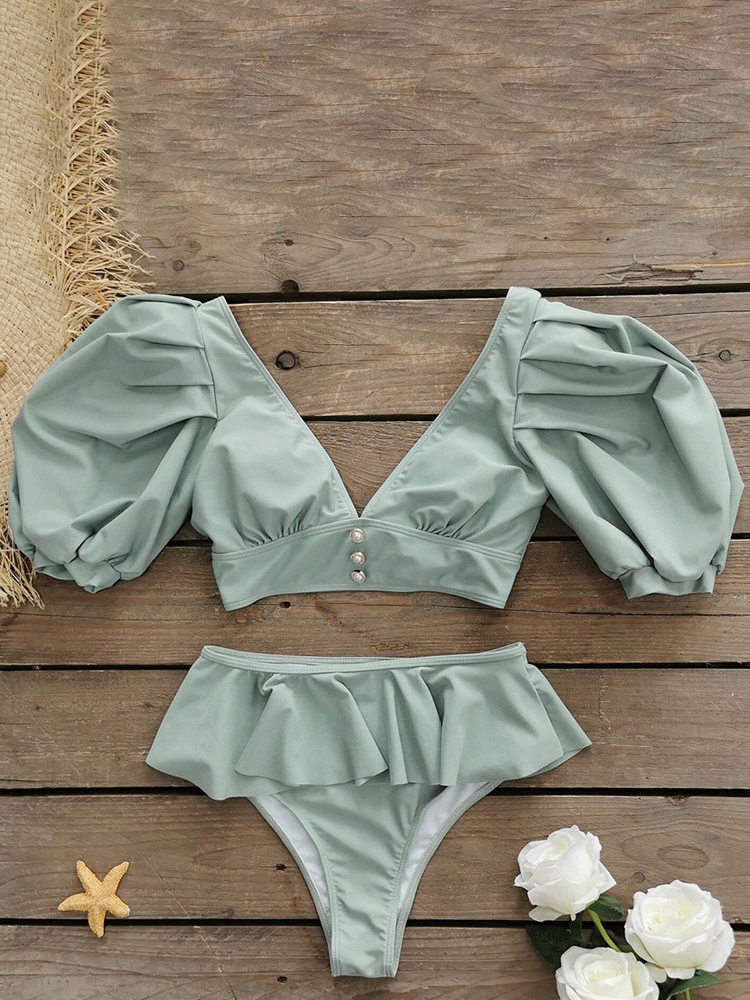 

LULU & SKY V-Neck Puff Sleeve Low Coverage Bikini Set, Green