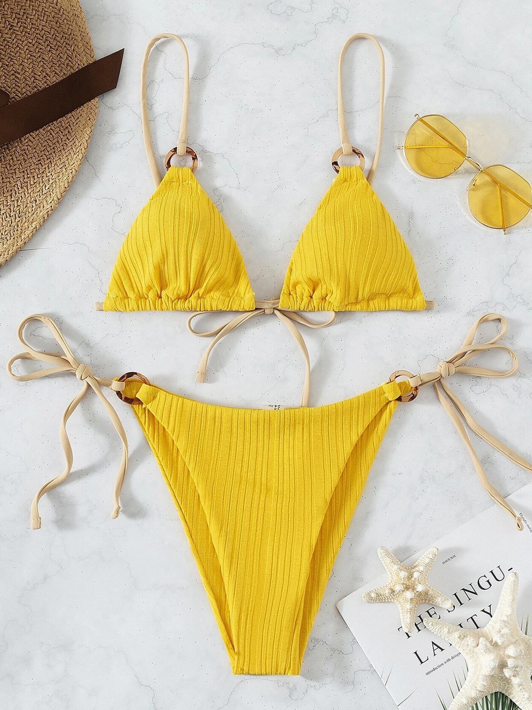 

LULU & SKY Halter Neck Sleeveless Ring Detail Swim Bikini Set, Yellow