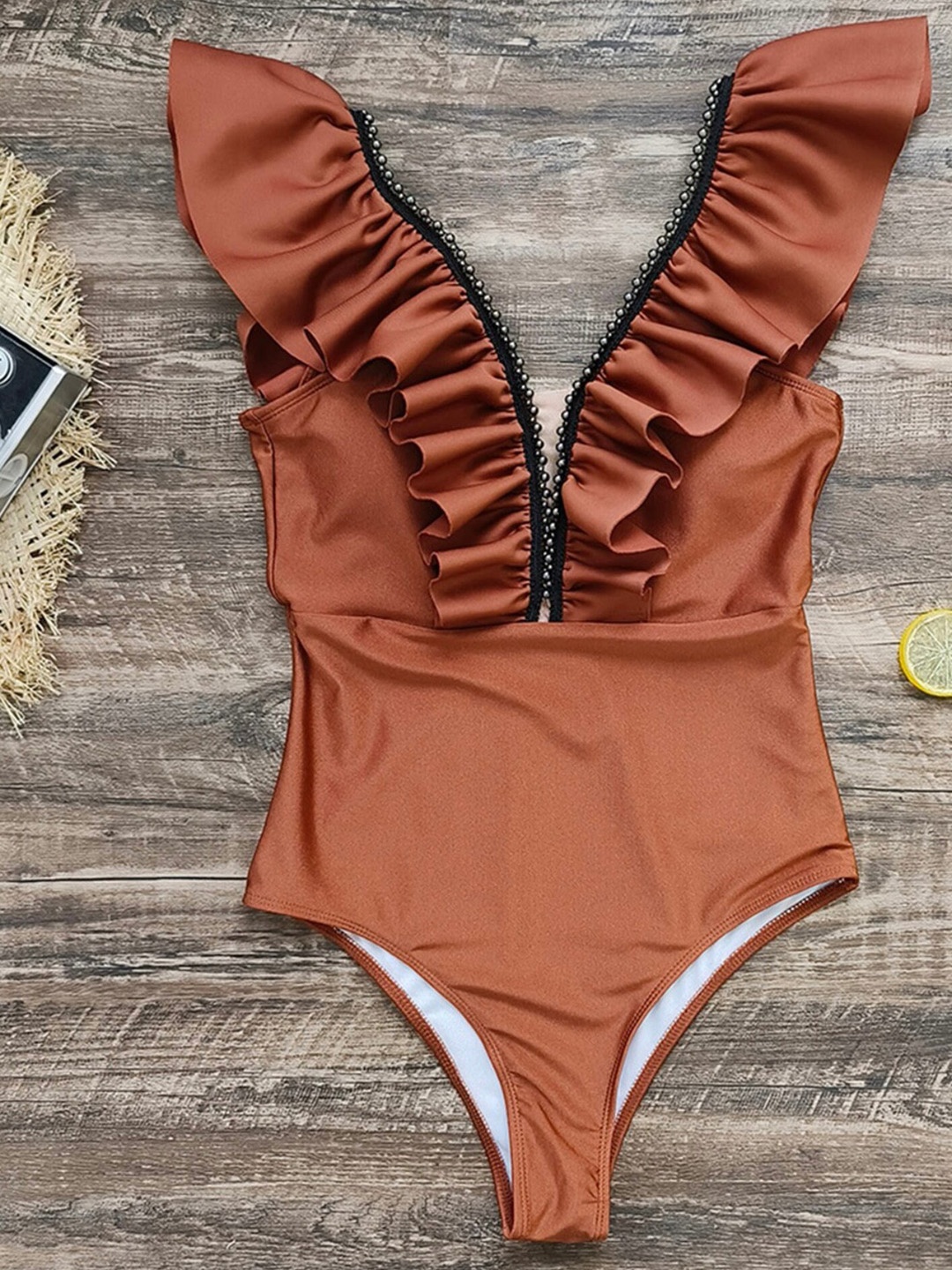 

LULU & SKY V-Neck Ruffled & Beaded Detail Swimsuit, Brown