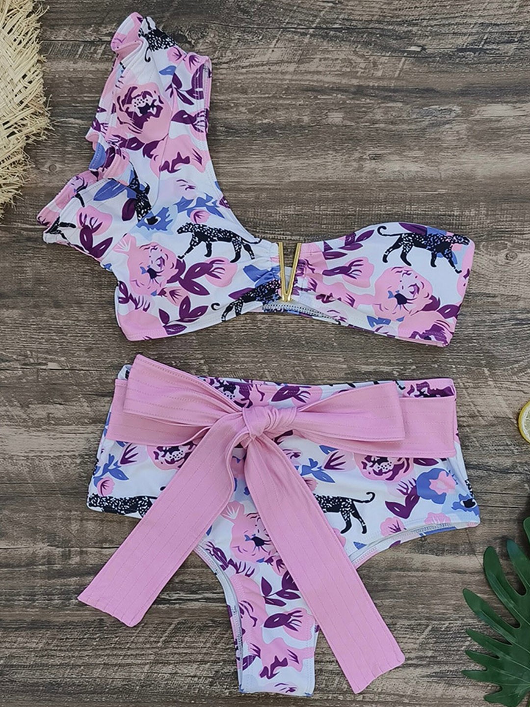 

LULU & SKY Floral Printed One-Shoulder Swim Bikini Set, Pink