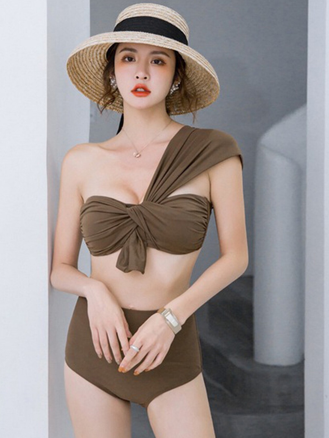 

LULU & SKY Slim Fit Knotty One-Shoulder Swim Bikini Set, Coffee brown