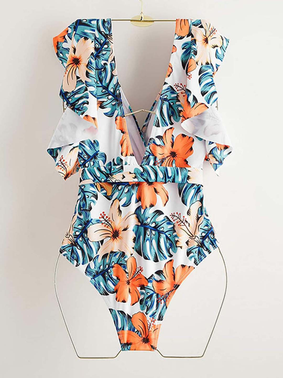 

LULU & SKY Floral Printed Tie Up Waist Swimsuit, White