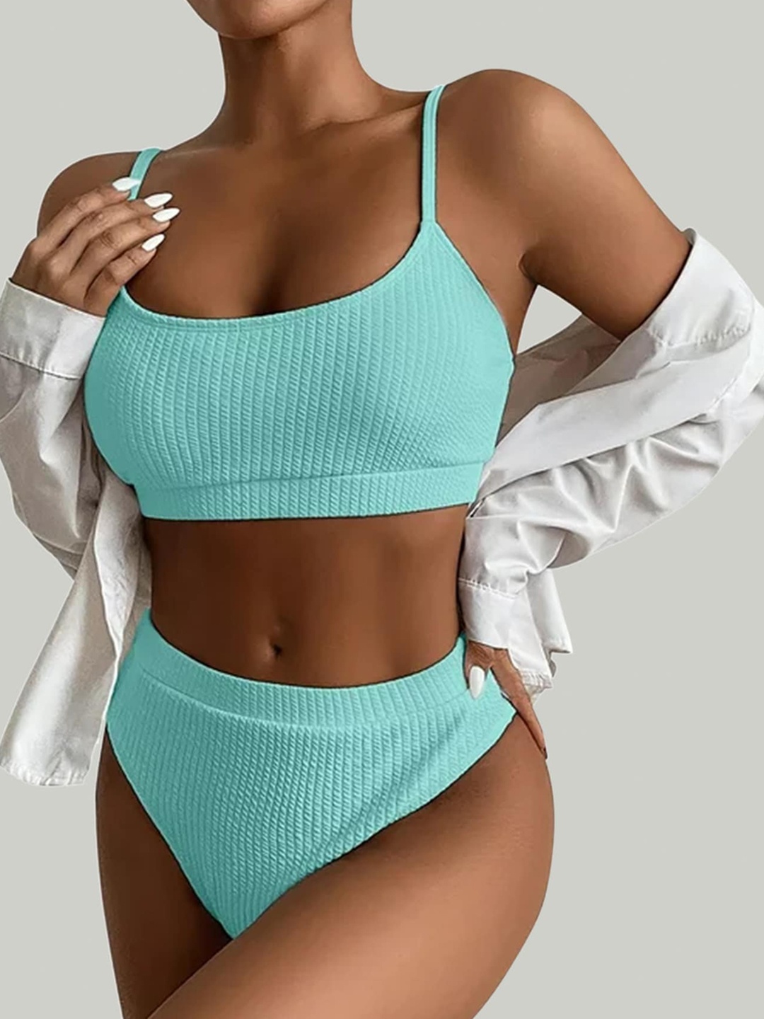 

LULU & SKY Ribbed Shoulder Straps Swim Bikini Set, Blue