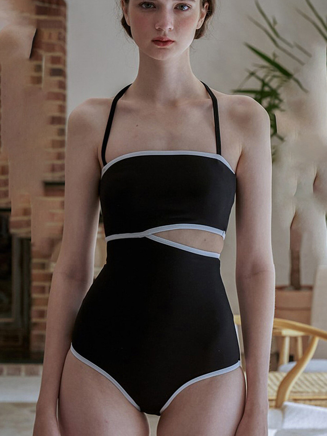 

LULU & SKY Halter Neck Cut Out Contrast Seam Swim Bodysuit, Black
