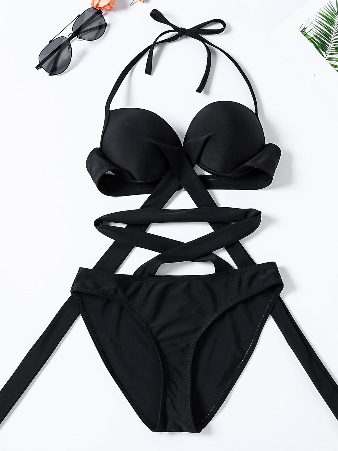 

LULU & SKY Halter Neck Sleeveless Criss Cross Swim Bikini Set, Black