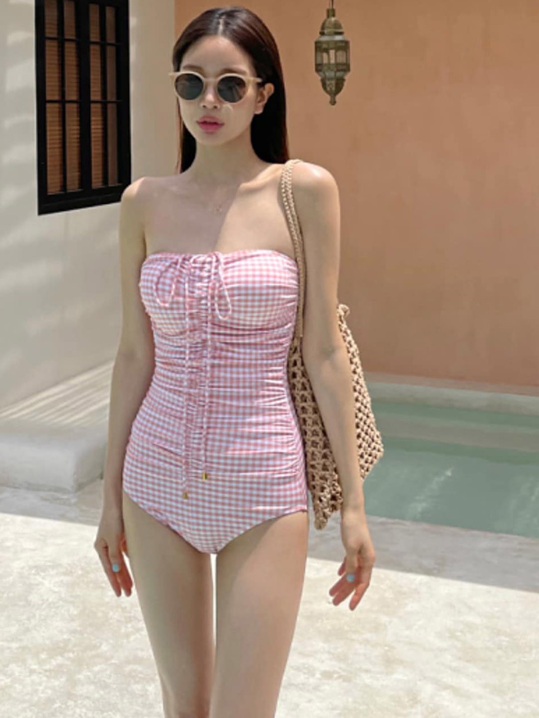 

LULU & SKY Checked Halter Neck Sleeveless Bodysuit, Pink