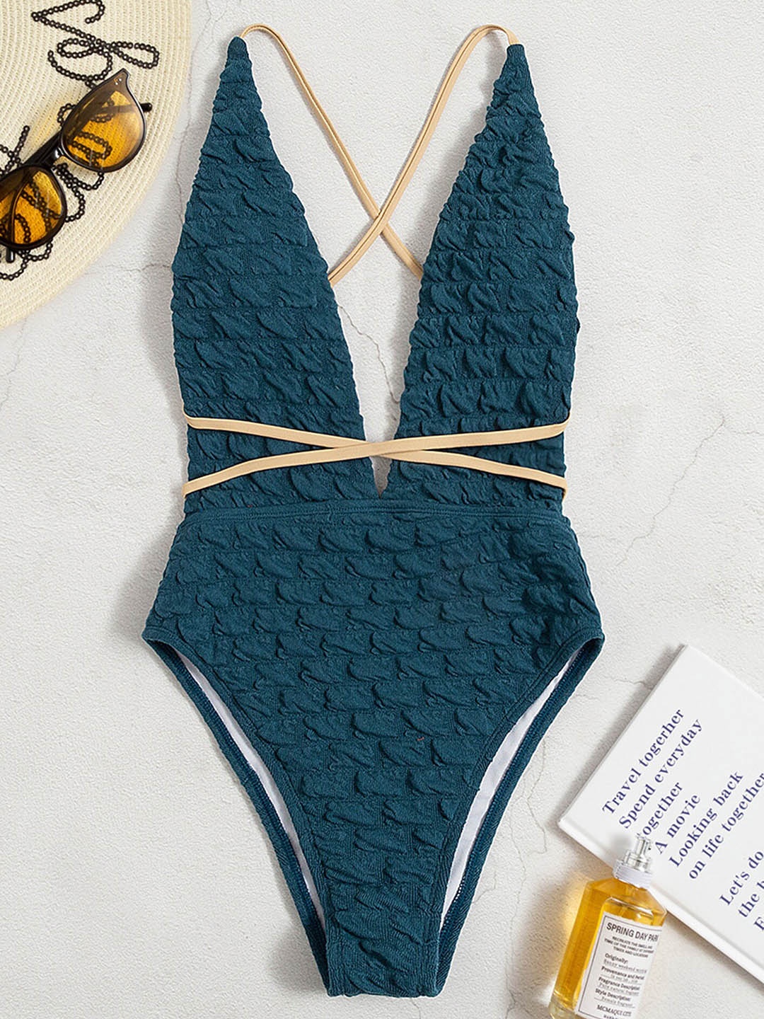 

LULU & SKY Self Design Halter Neck Swimwear Bodysuit, Blue