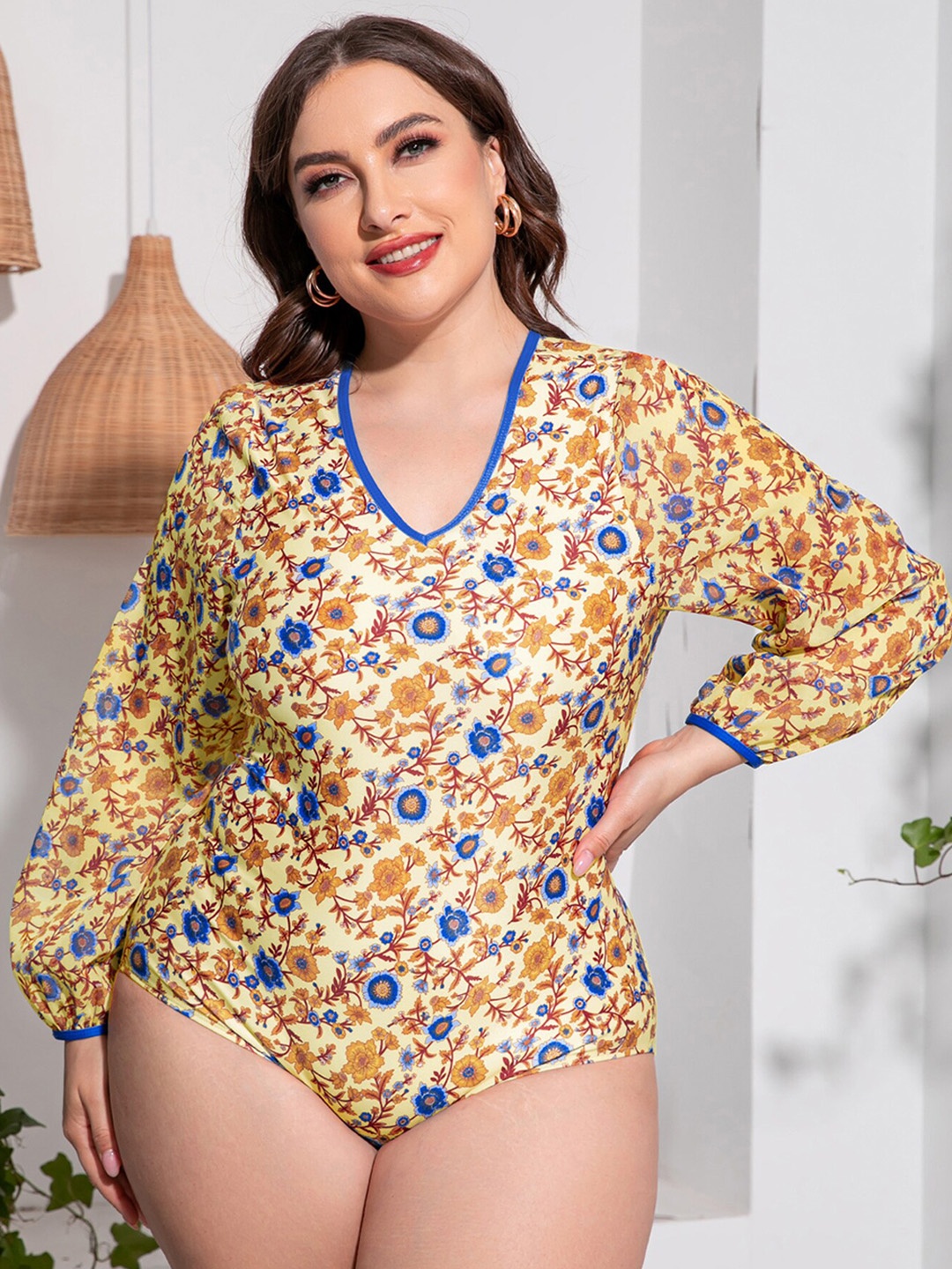 

LULU & SKY Plus Size Floral Printed V-Neck Bodysuit, Yellow