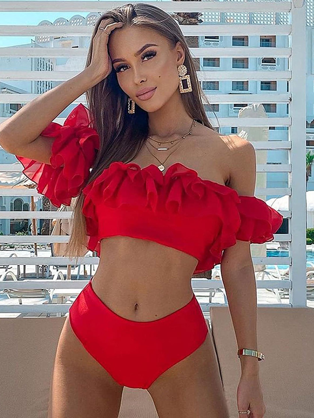 

LULU & SKY Off Shoulder Ruffled Swim Bikini Set, Red