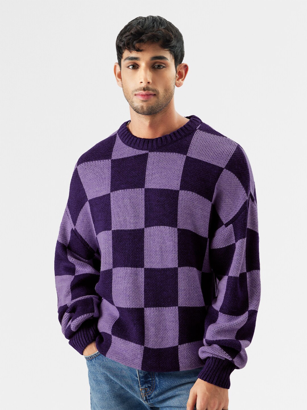 

The Souled Store Checked Round Neck Acrylic Sweaters, Violet