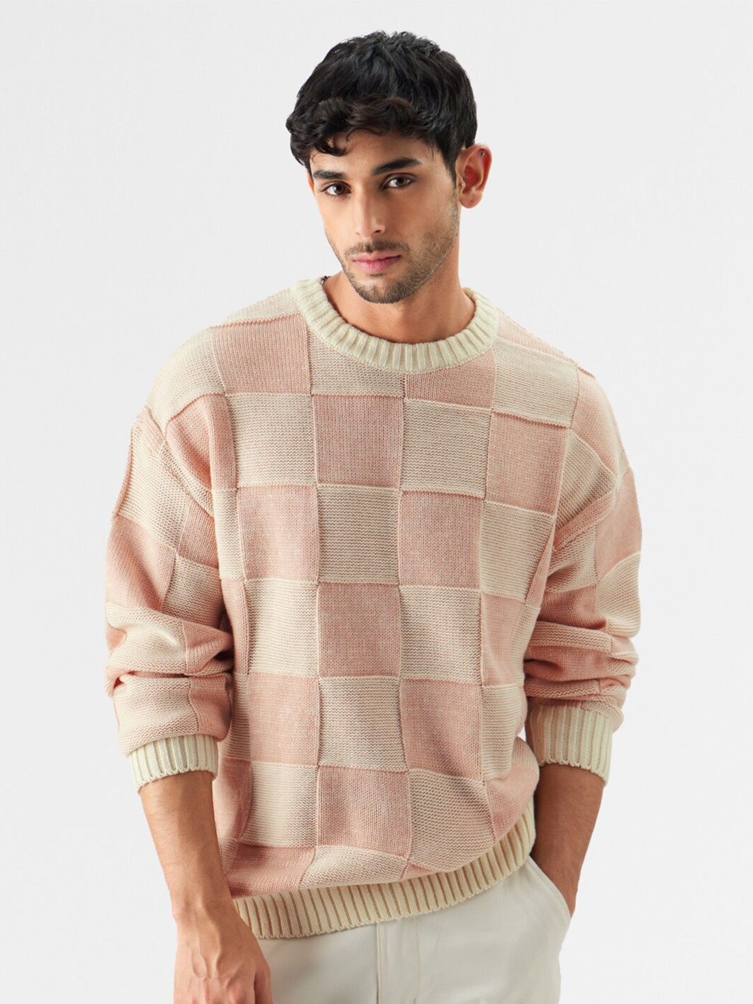 

The Souled Store Checked Pullover Acrylic Sweatshirt, Pink