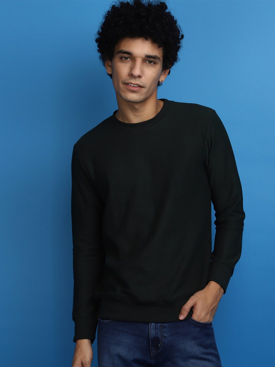

V-Mart Self Design Round Neck Cotton Pullover Sweatshirt, Black