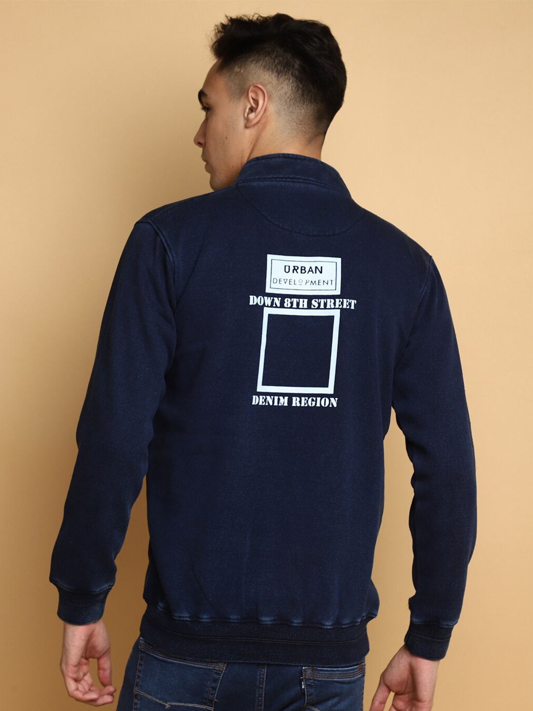 

V-Mart Graphic Printed Fleece Front Open Sweatshirt, Navy blue