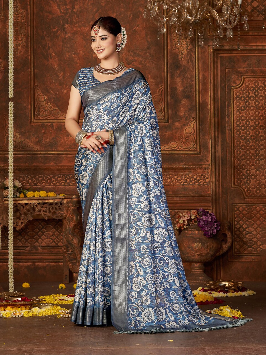 

Mitera Turquoise Blue Floral Zari Pure Silk Designer Block Print Saree