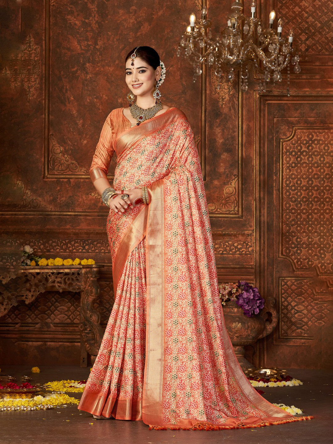 

Mitera Orange Ethnic Block Print Zari Pure Silk Saree