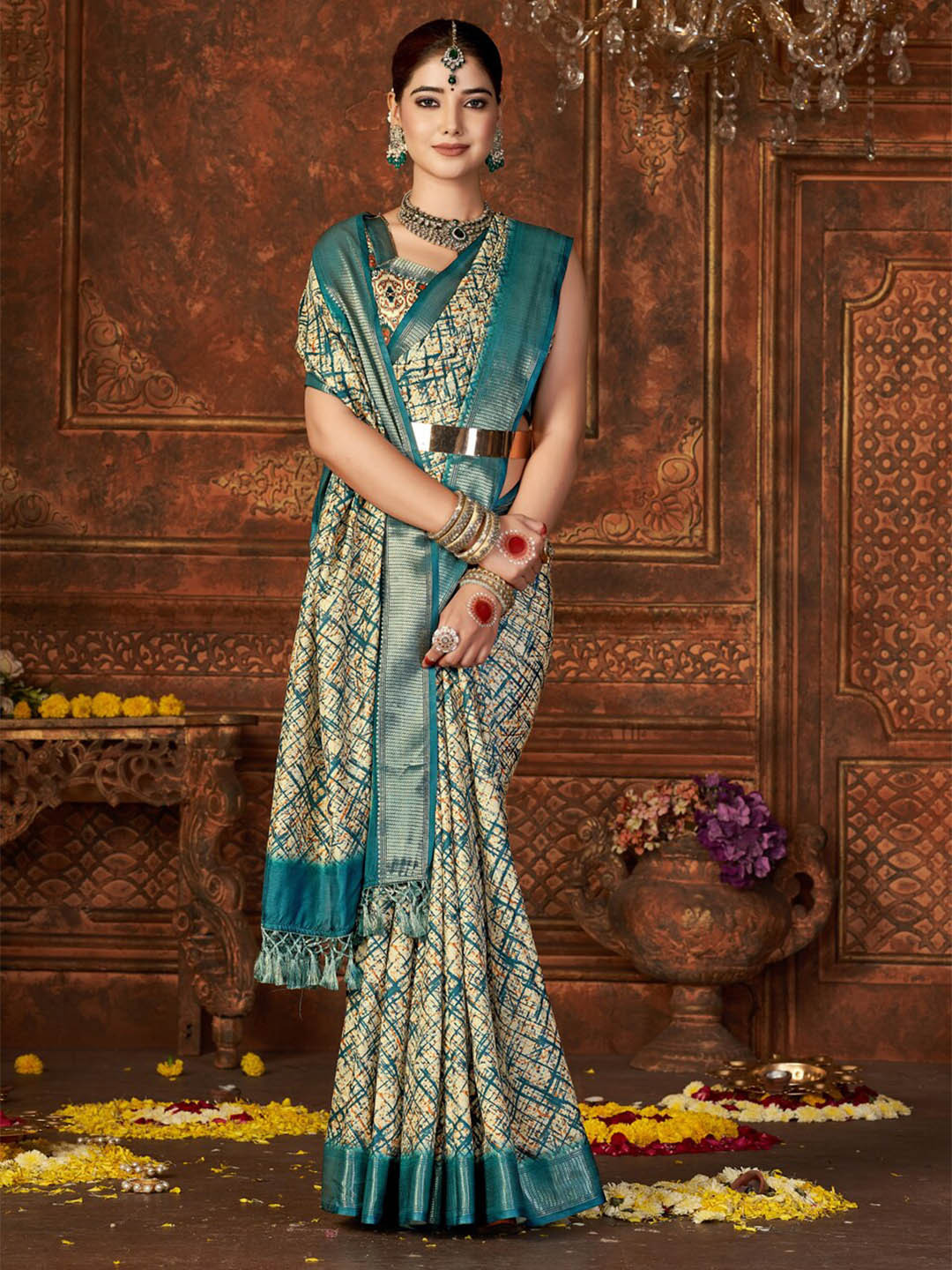 

Mitera Sea Green Abstract Block Printed Zari Pure Silk Saree