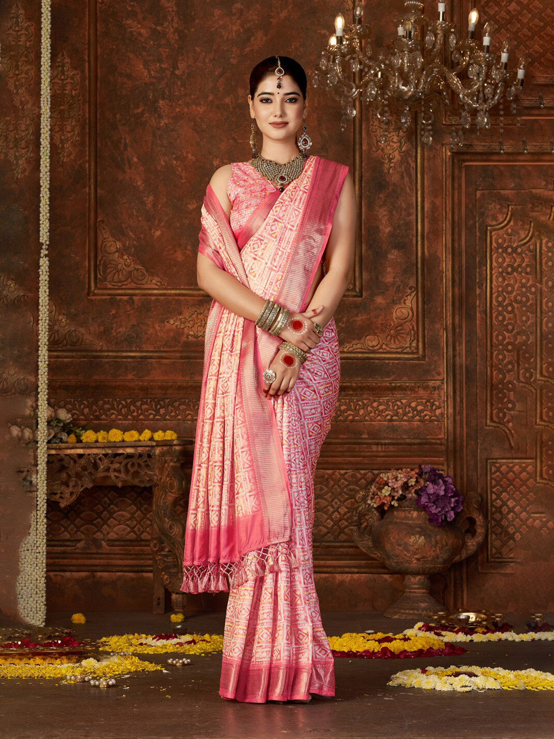 

Mitera Pink Geometric Printed Zari Pure Silk Block Print Saree