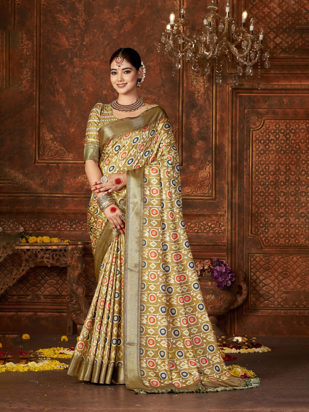 

Mitera Brown Geometric Printed Zari Pure Silk Saree
