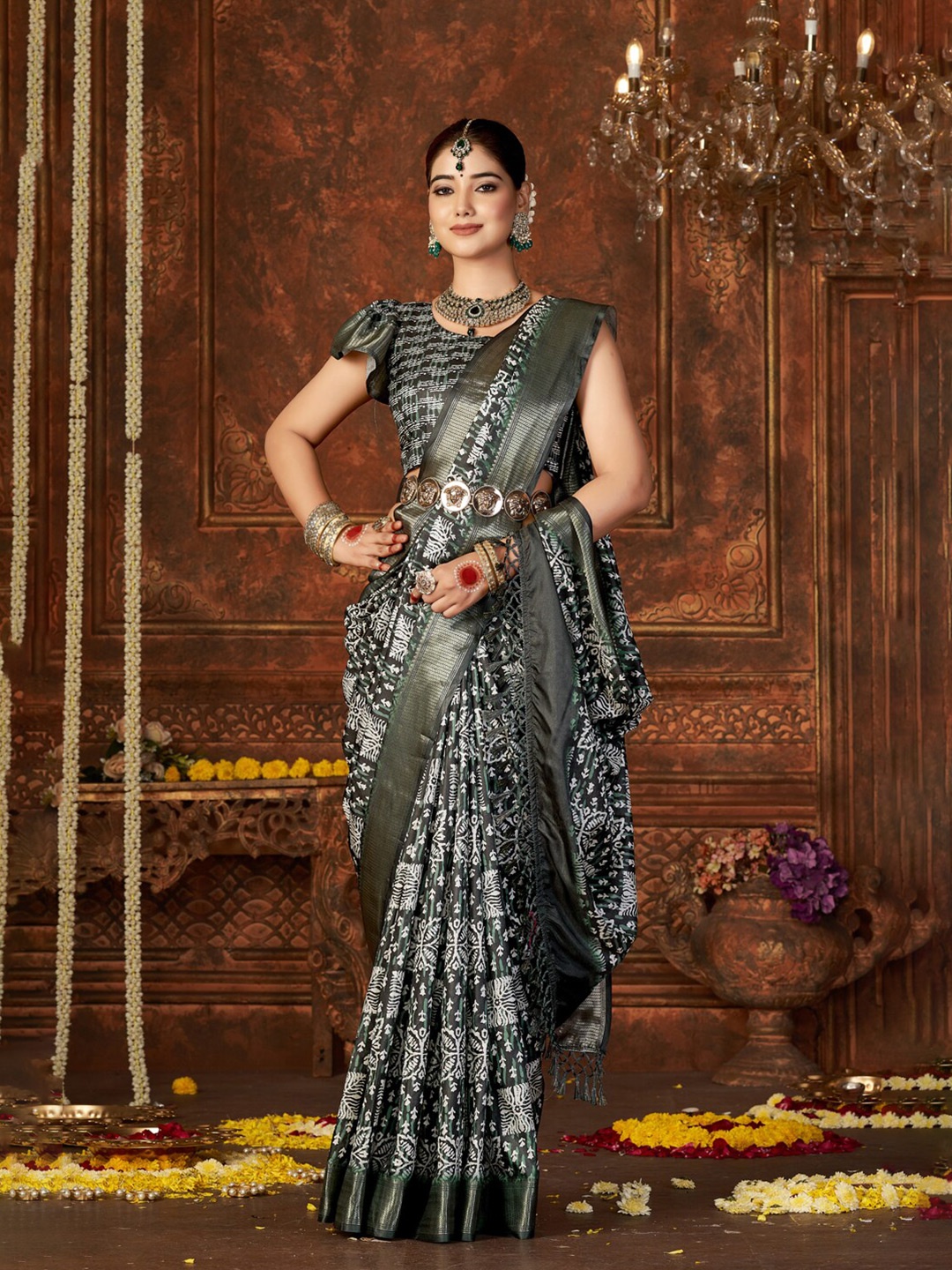 

Mitera Black Ethnic Motifs Printed Zari Pure Silk Saree