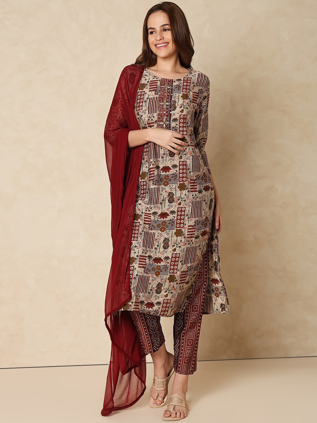 

Indifusion Ethnic Motifs Printed Kurta with Trousers & With Dupatta, Red