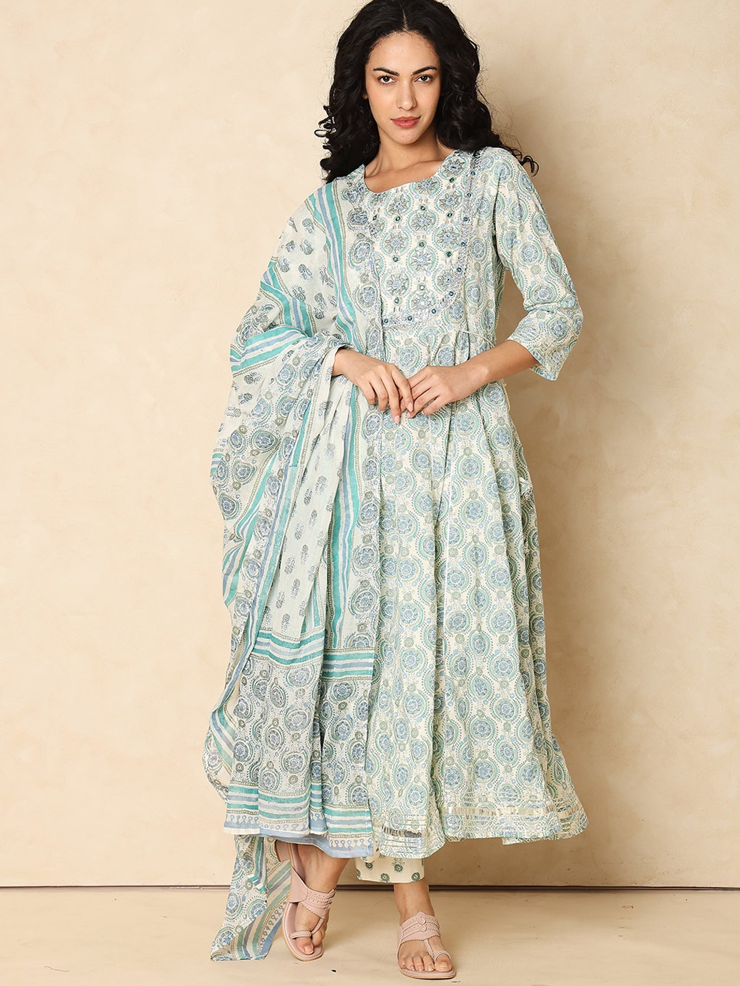 

Indifusion Ethnic Motifs Printed Anarkali Thread Work Kurta With Trousers & Dupatta, Blue