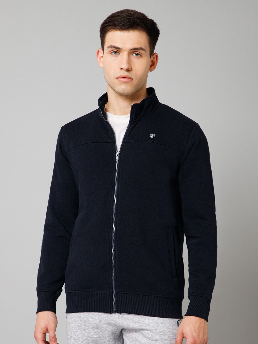 

Cantabil Mock Collar Fleece Front-Open Sweatshirt, Navy blue