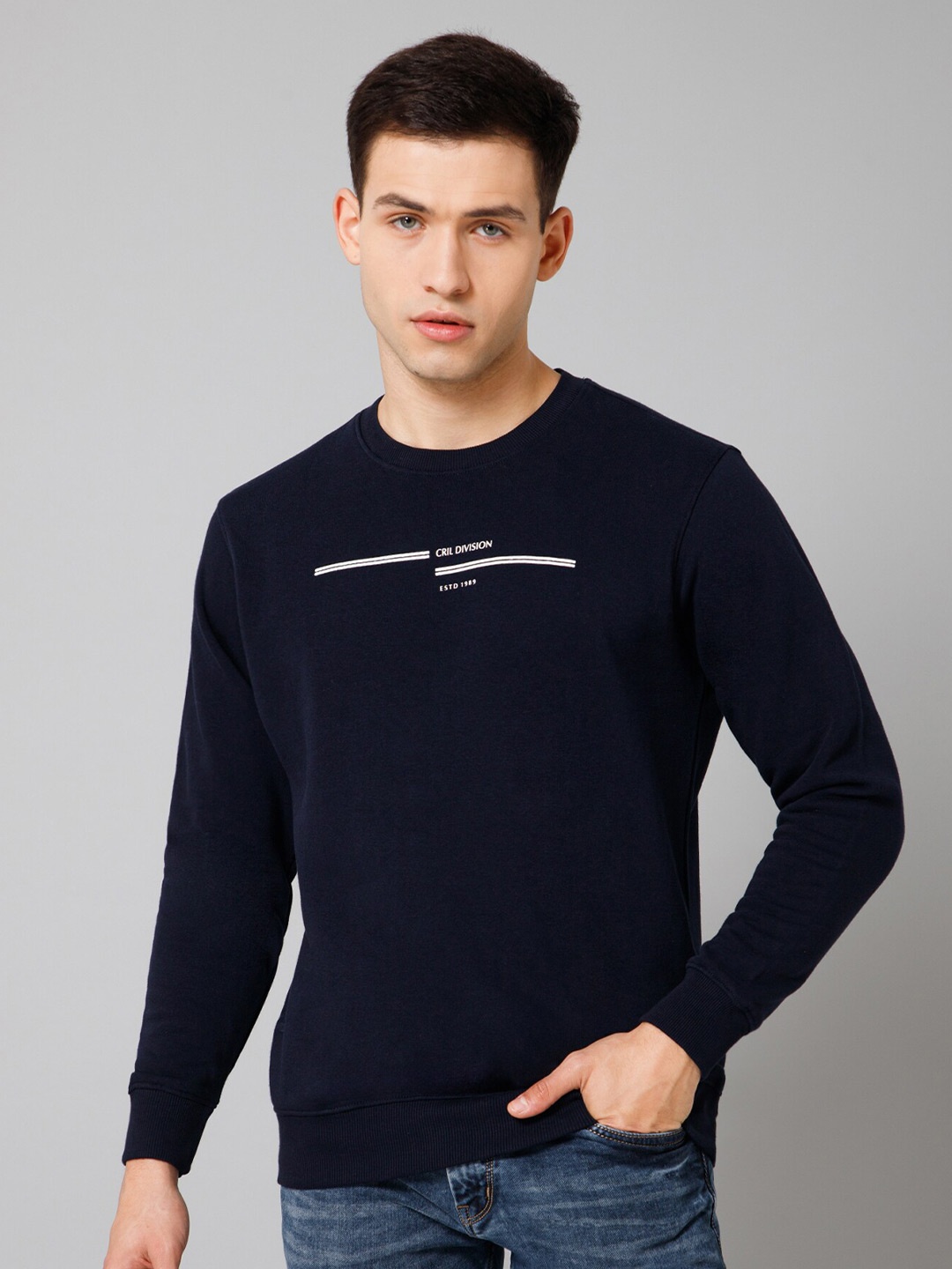 

Cantabil Typography Printed Fleece Pullover Sweatshirt, Navy blue