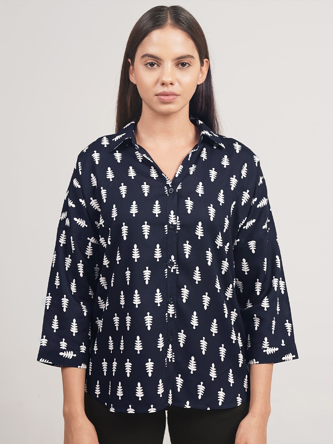 

IDK Ethnic Motifs Printed Drop-Shoulder Sleeves Shirt Style Top, Blue