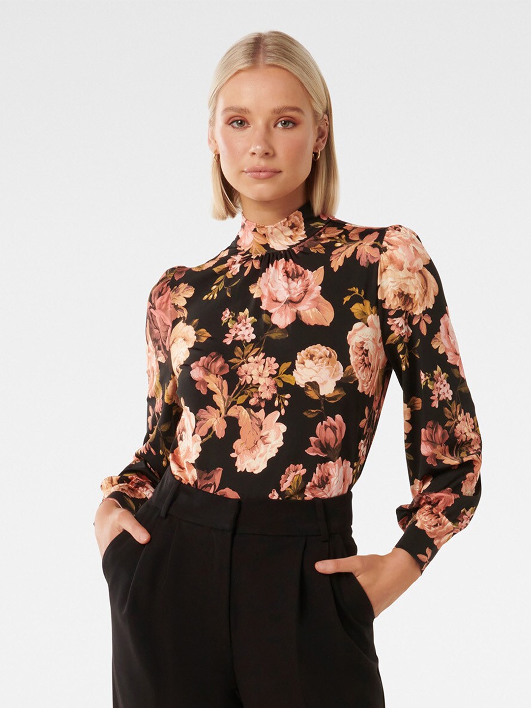 

Forever New Floral Printed High Neck Top, Black