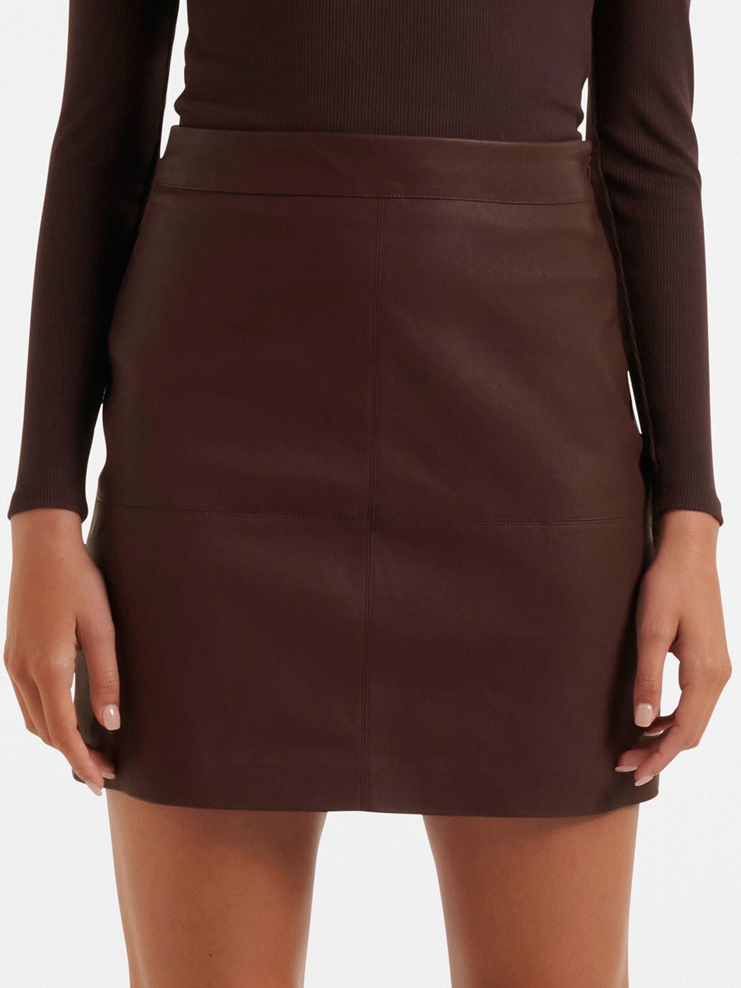 

Forever New Vegan Leather Straight Mini Skirt, Brown
