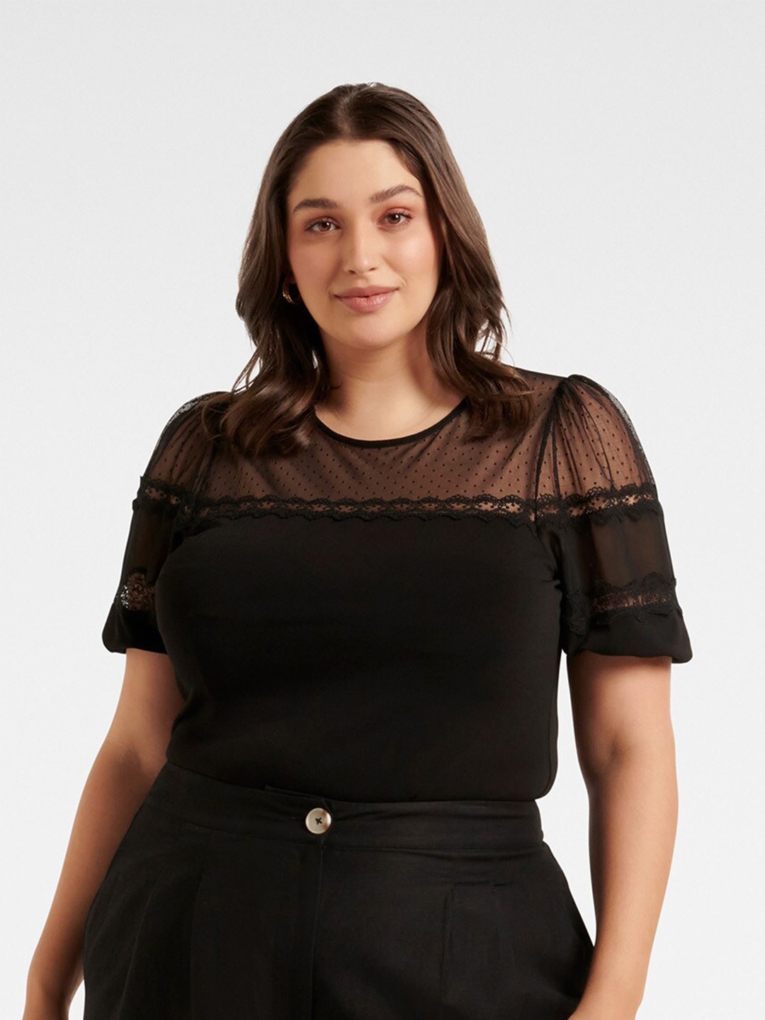 

Forever New Plus Size Self Design Puff Sleeve Top, Black