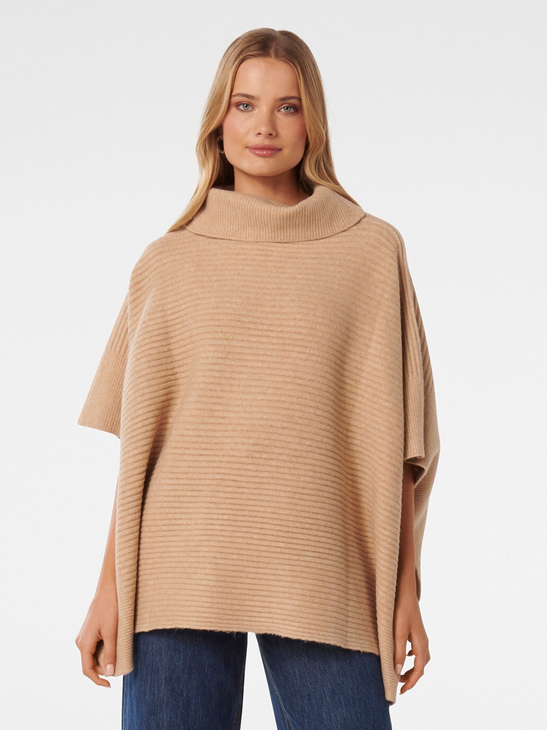 

Forever New Turtle Neck Ribbed Poncho Sweater, Beige