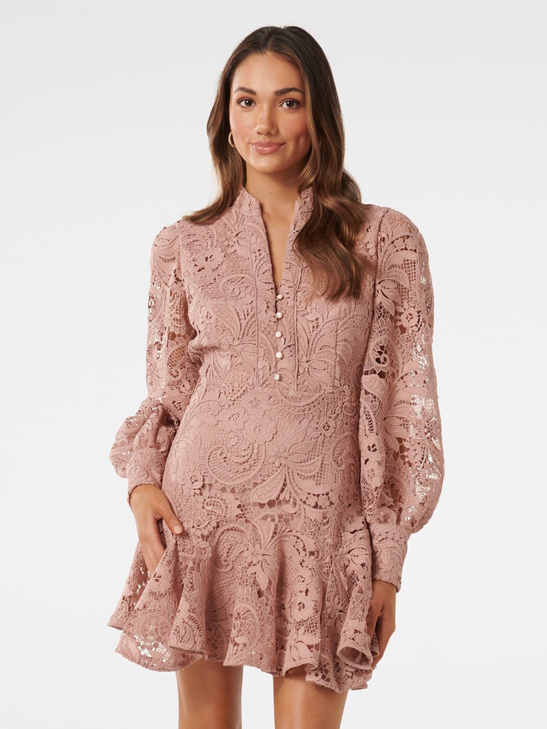 

Forever New Floral Self Design Lace Drop-Waist Mini Dress, Peach
