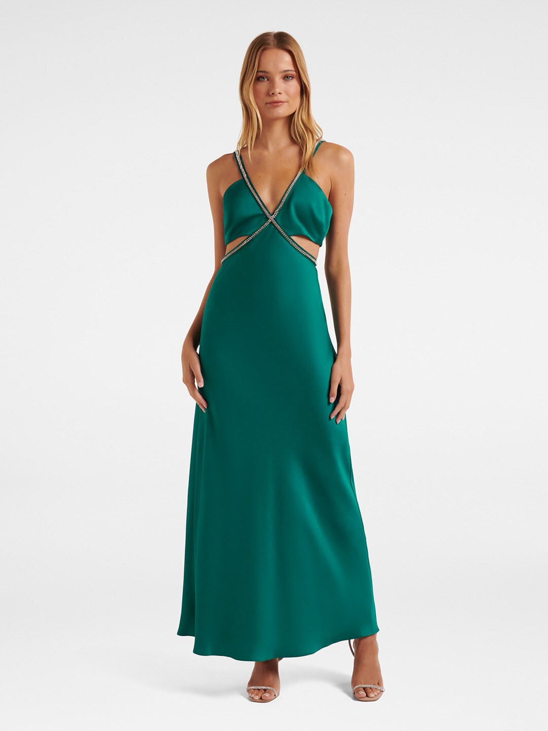 

Forever New Shoulder Straps Satin Cut-Out A-line Maxi Dress, Green
