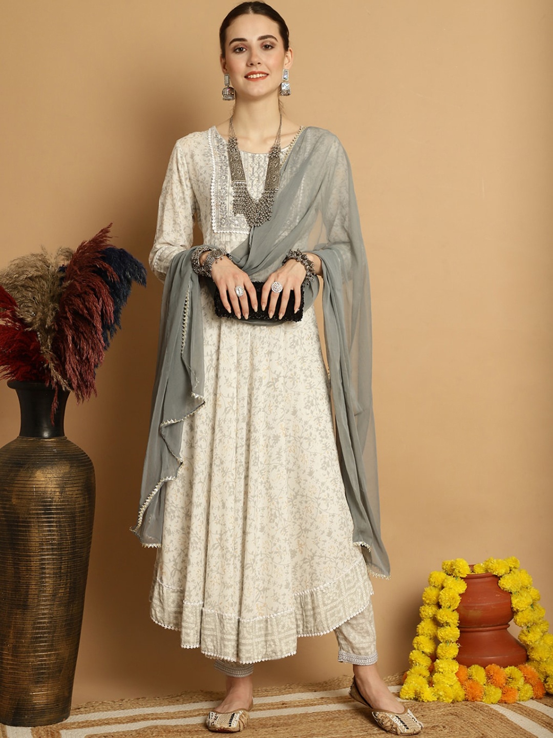 

KALINI Floral Printed Mirror Work A-Line Kurta With Trousers & Dupatta, Grey