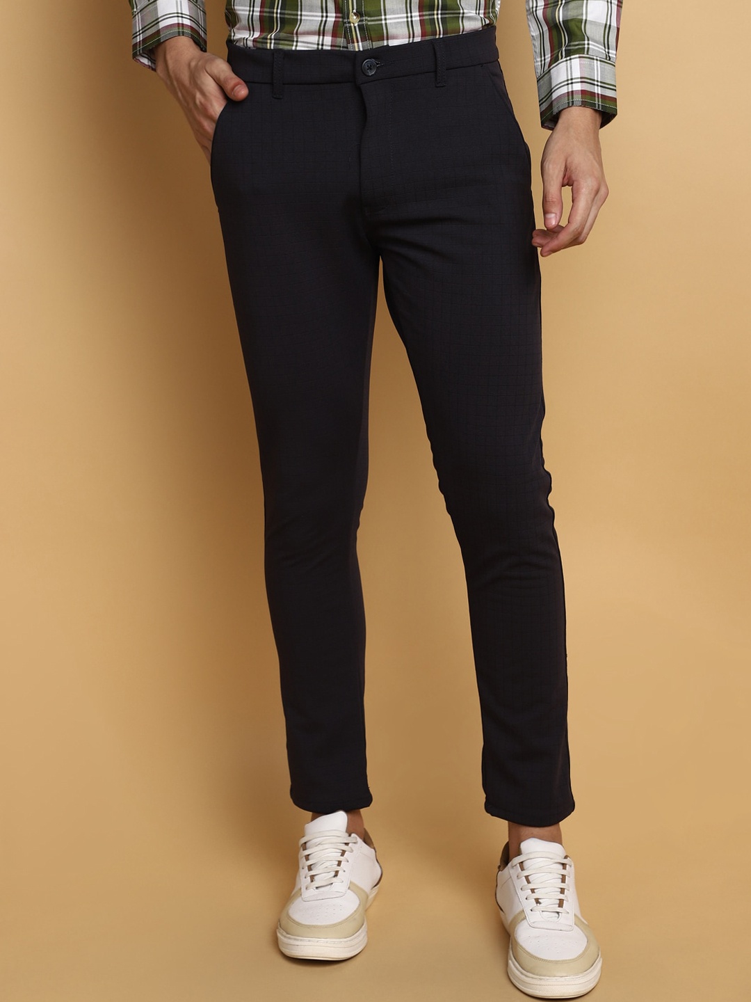 

V-Mart Men Checked Mid-Rise Cotton Trousers, Blue
