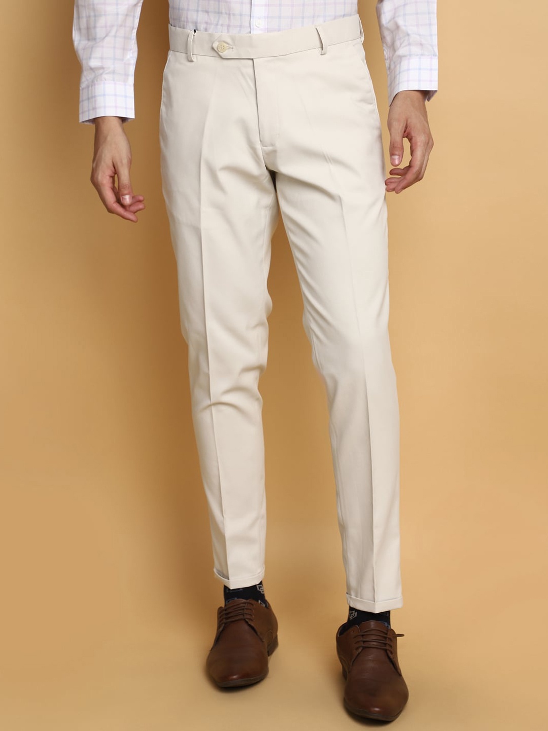 

J White by Vmart Men Mid-Rise Cotton Formal Trousers, Cream