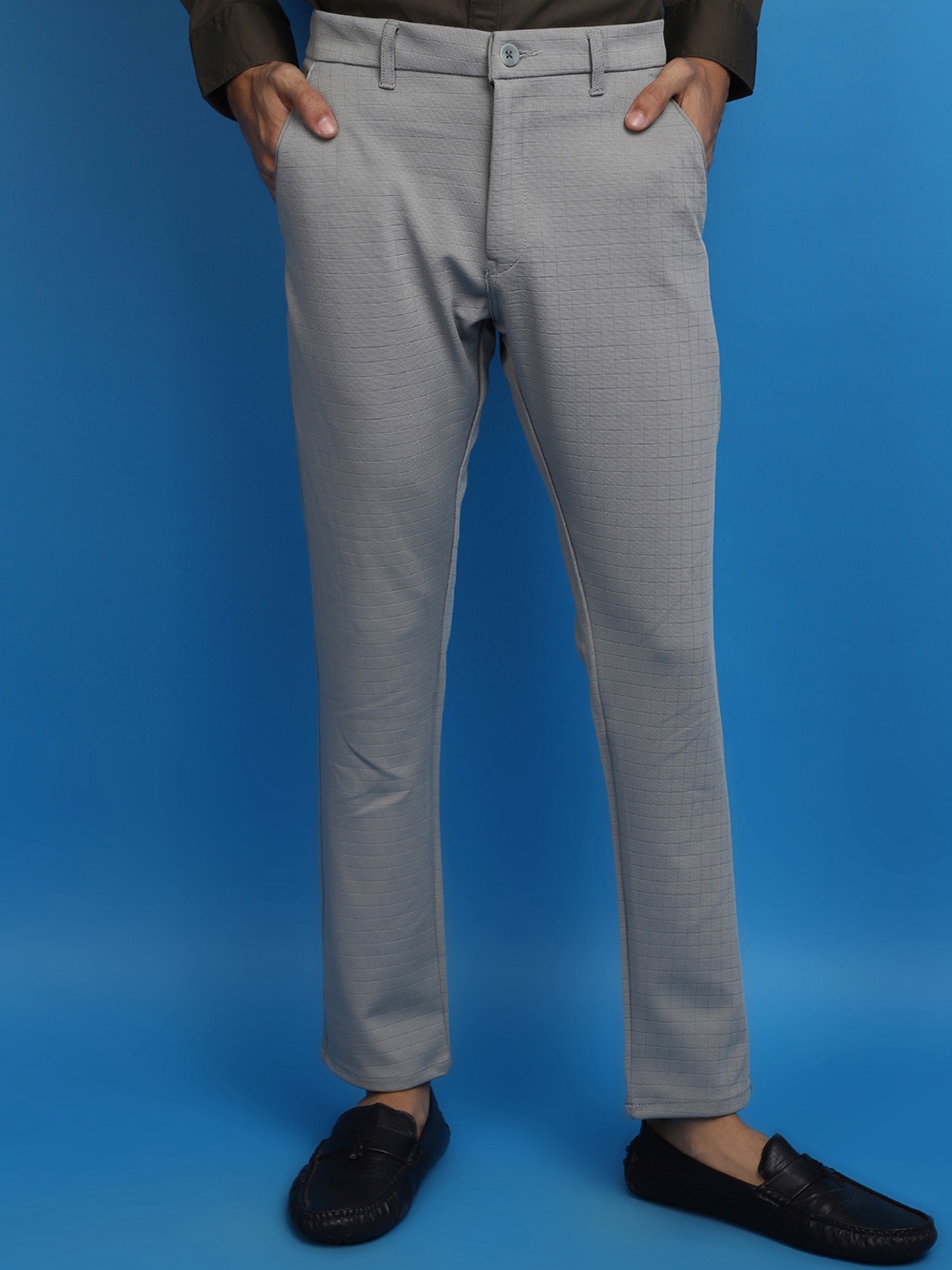 

V-Mart Men Checked Mid-Rise Cotton Trousers, Grey