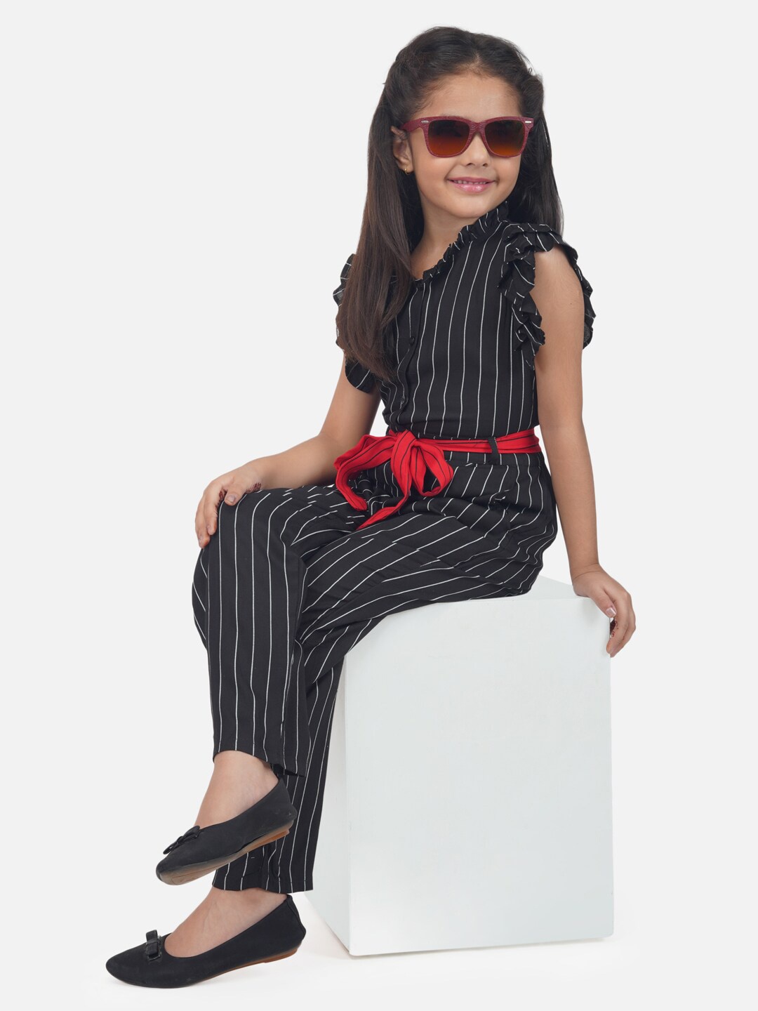 

HERE&NOW Girls Striped Basic Jumpsuit, Black