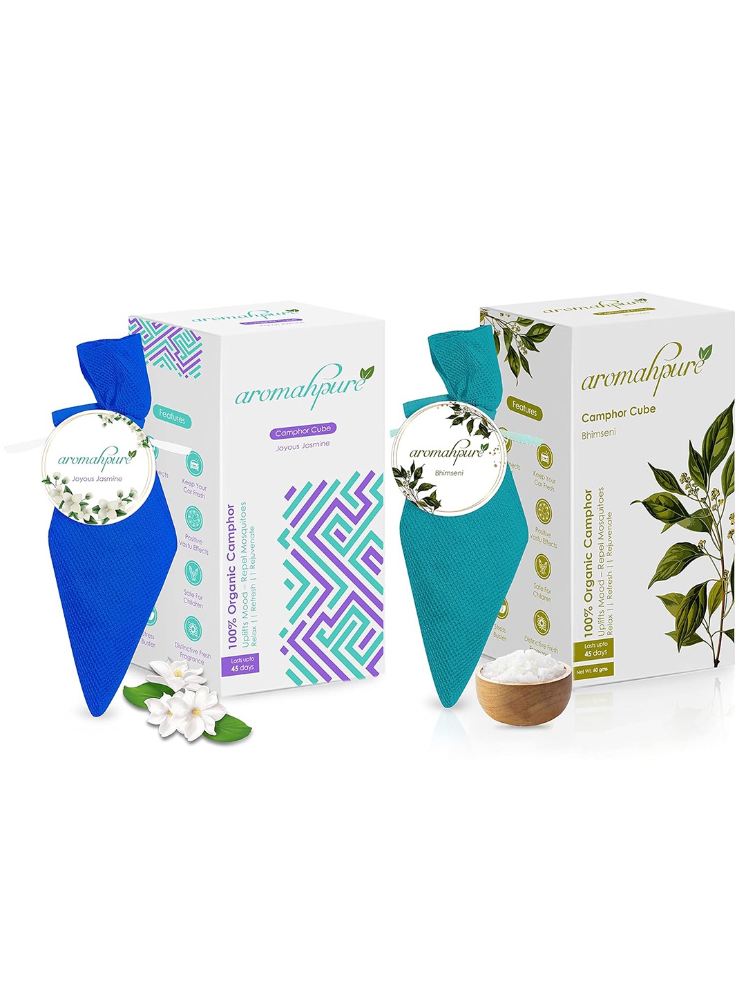 

Aromahpure Green & Blue 2 Pieces Pure Bhimseni & Jasmine Camphor Cube Home Fragrance