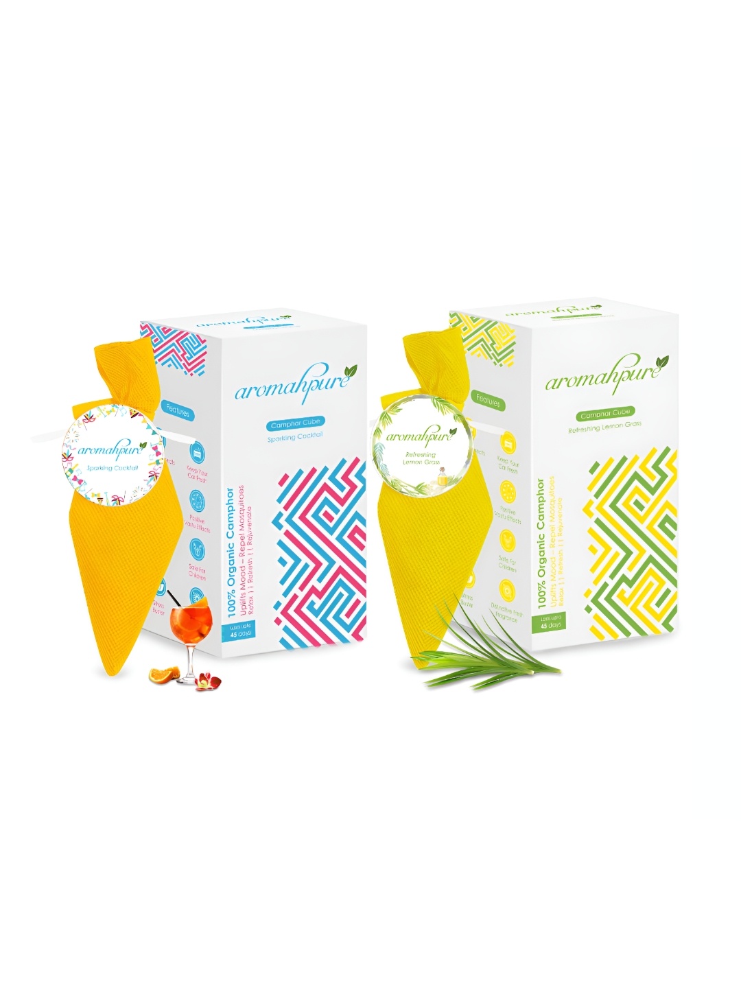 

Aromahpure Yellow & Mustard 2 Pieces Yellow Lemongrass & Cocktail Camphor Cube Fragrance