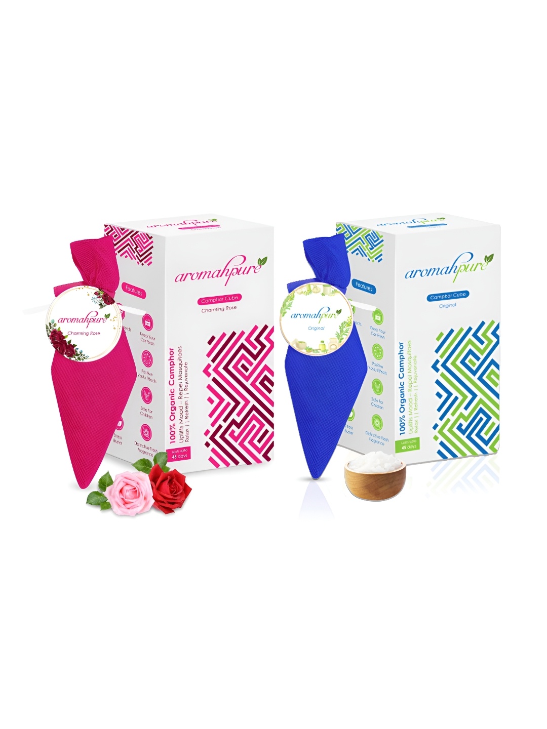 

Aromahpure Pink & Blue 2 Pcs Bhimseni & Lemon 45 Days Fragrances