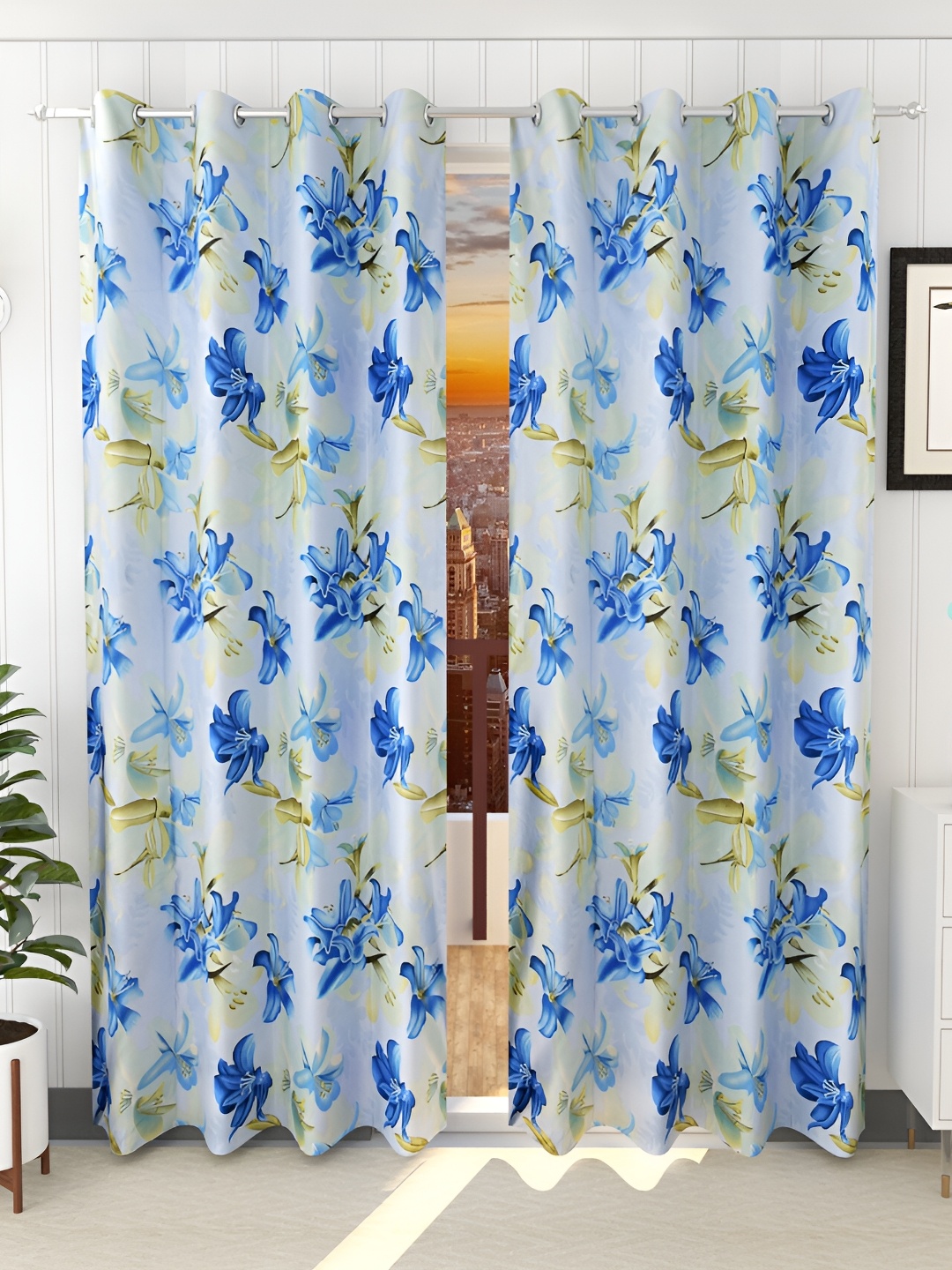 

Ville Style Blue & Grey 2Pcs Floral Printed Room Darkening Long Door Curtains