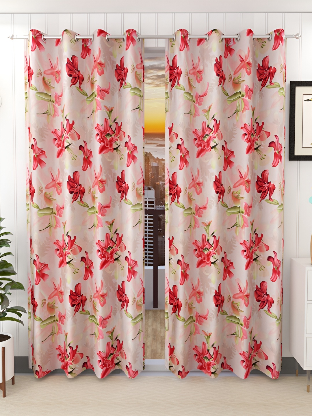 

Ville Style Pink & Green 2 Pcs Floral Room Darkening Long Door Curtains