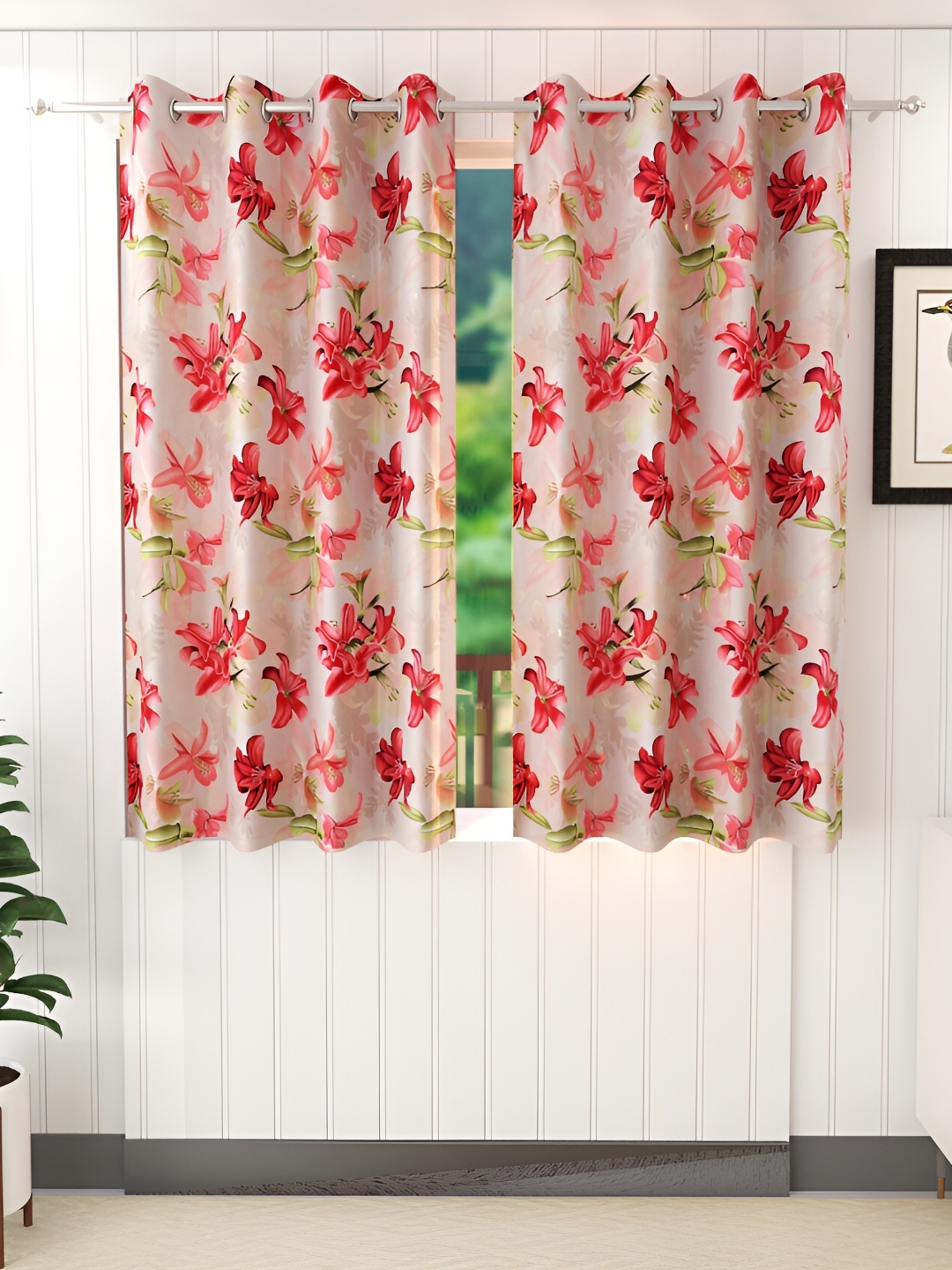 

Ville Style Pink & Green 2Pcs Floral Room Darkening Window Curtains